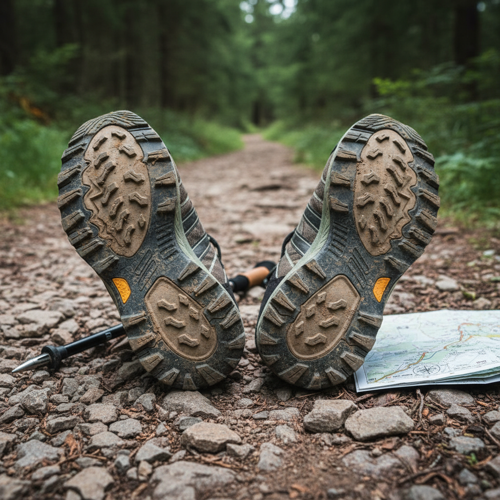 Close-up photographic realism of a pair of trail running shoes on a rocky hiking path, toes pointing toward a winding dirt trail that disappears into a forest. The shoes show light dust and mud on the textured soles, highlighting aggressive tread and ankle support. Around them lie small loose stones, a trekking pole tip, and a folded trail map. Soft overcast daylight creates even, gentle lighting with minimal harsh shadows, emphasizing details without drama. Captured from a low, slightly angled perspective, the shoes dominate the foreground while the path blurs into the background. The mood is vigilant and informative, subtly conveying the risk of sprains and overuse injuries while encouraging preparation and smart foot care.