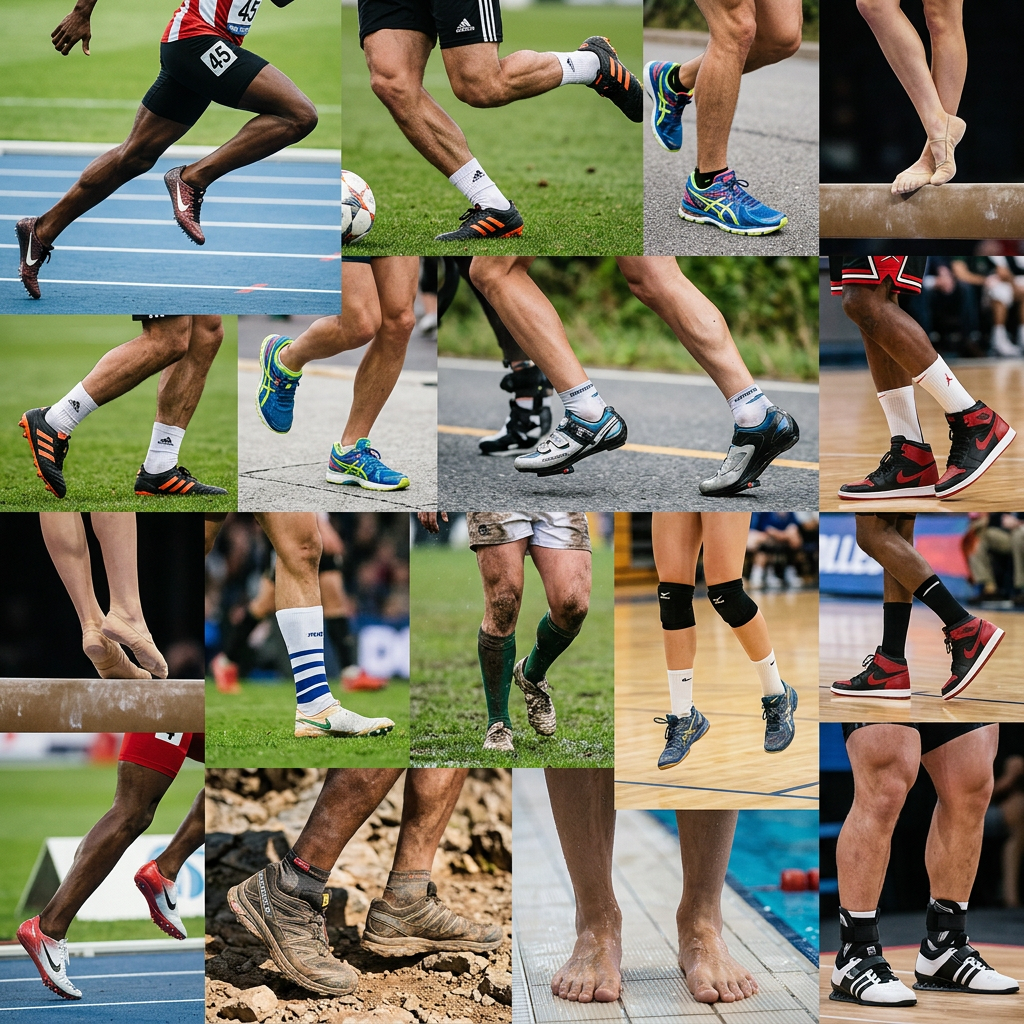 Close-up of athletes' legs and feet engaged in different sports activities wearing various shoes and barefoot