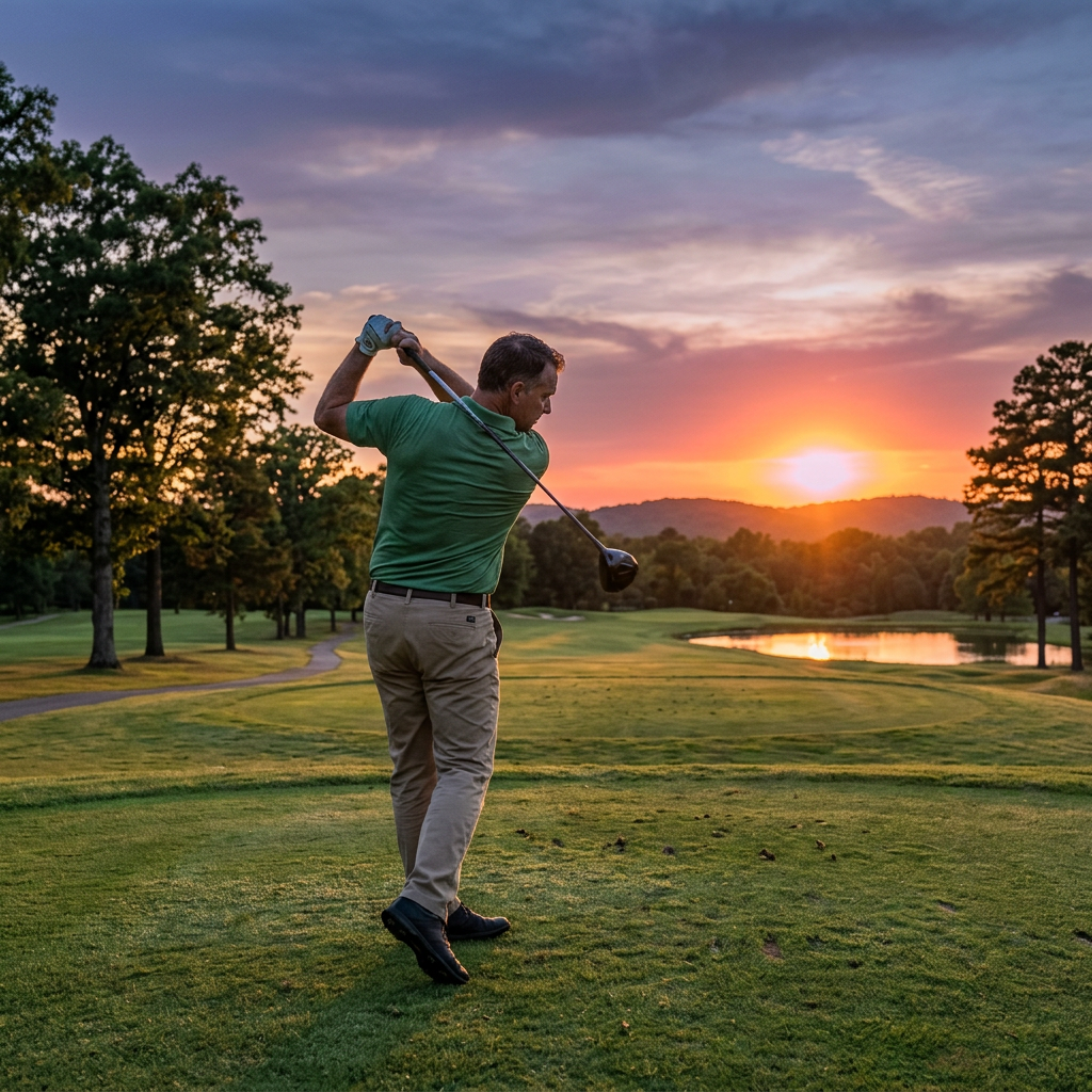 Golfer swinging club on grassy course during sunset with trees and pond