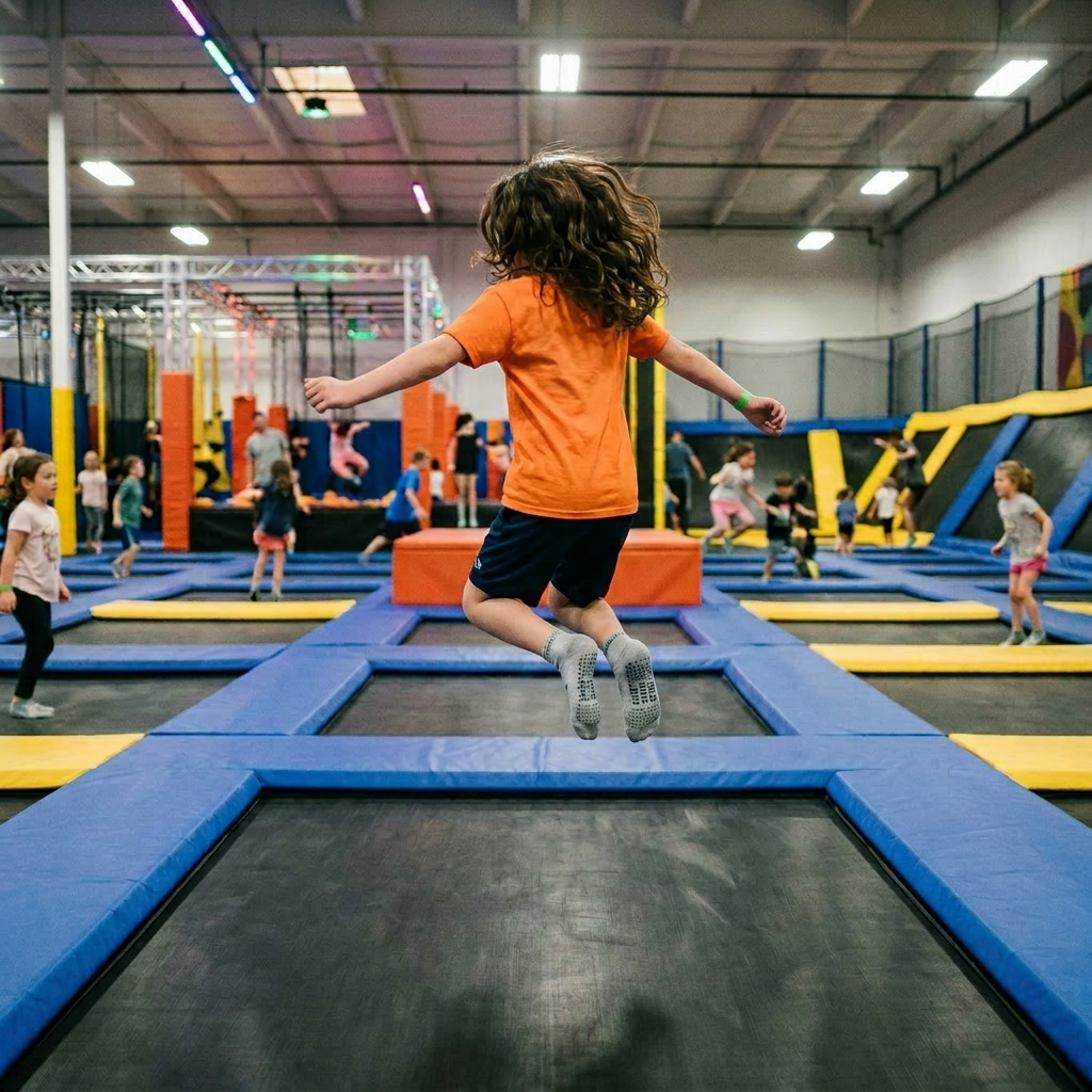 Boy wearing Jump Club shirt jumping on a trampoline in indoor trampoline park with other children playing