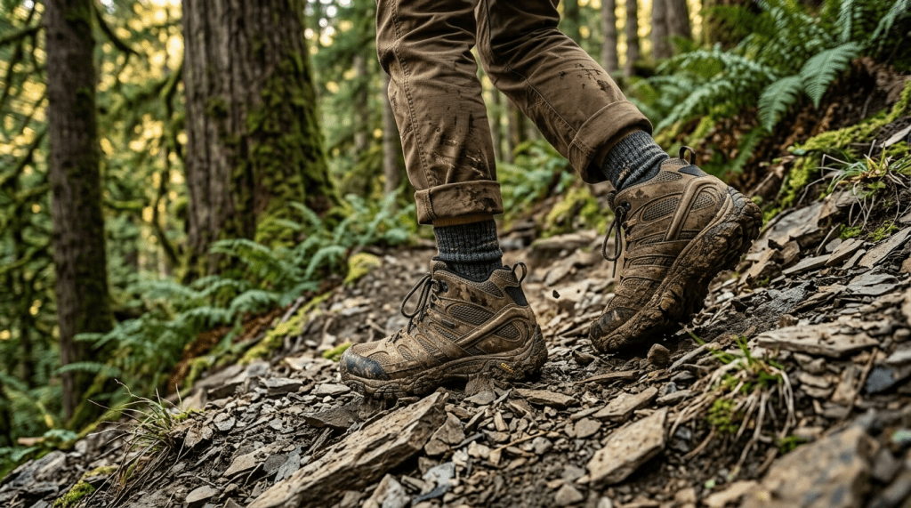 Close-up of hiking boots on rocky forest trail with moss and ferns