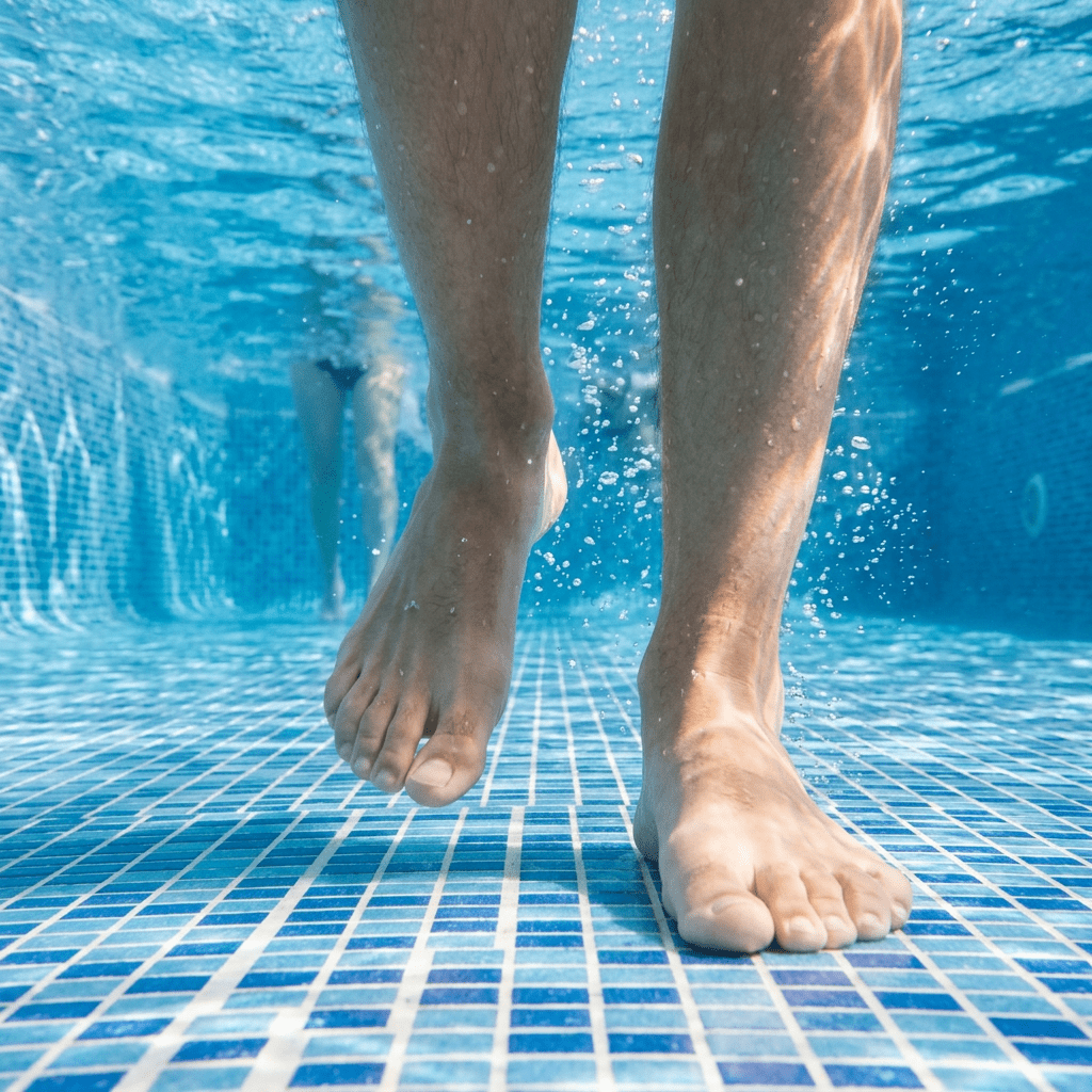 Feet and legs walking underwater on a blue tiled swimming pool floor