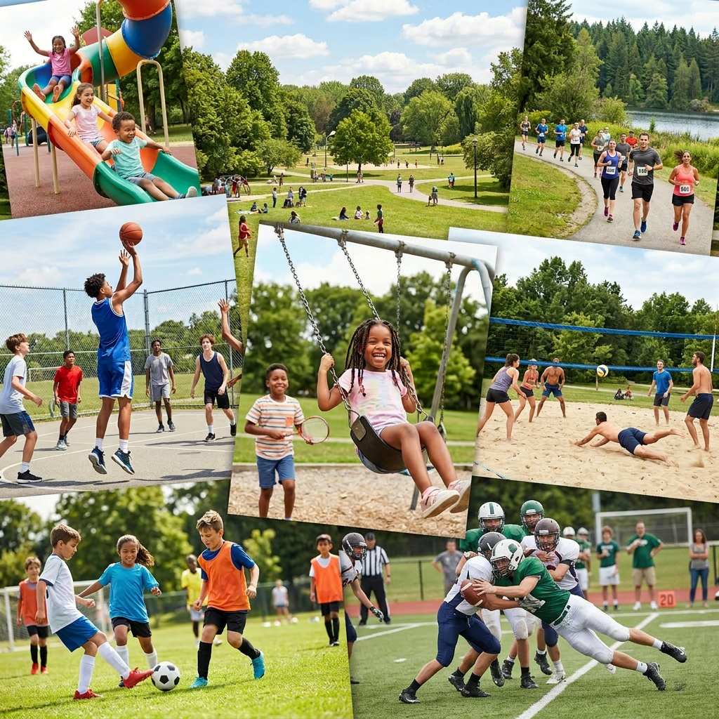 Children playing on slides, kids swinging, group basketball game, soccer match, jogging group, volleyball game, and skateboarding at park