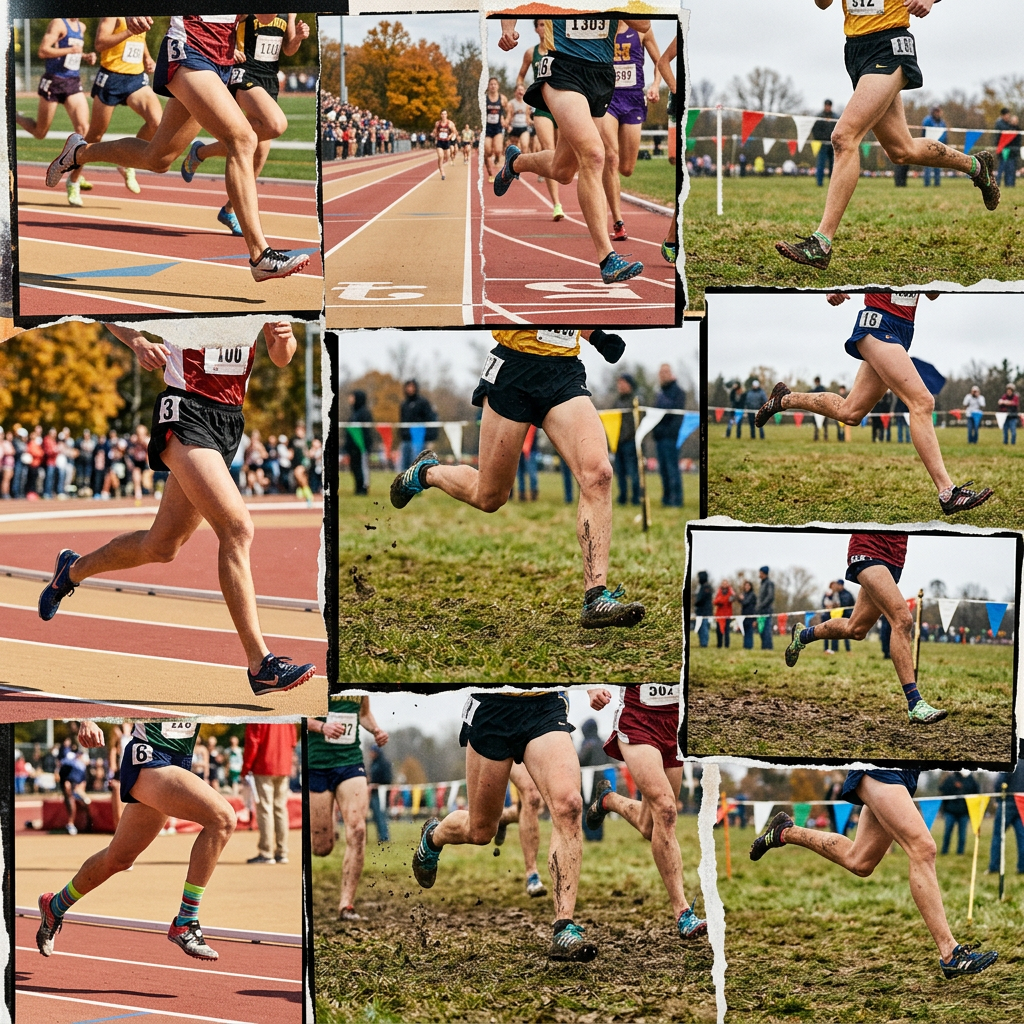 Runners' legs in motion on track and grassy cross country courses, some with mud on shoes and legs.